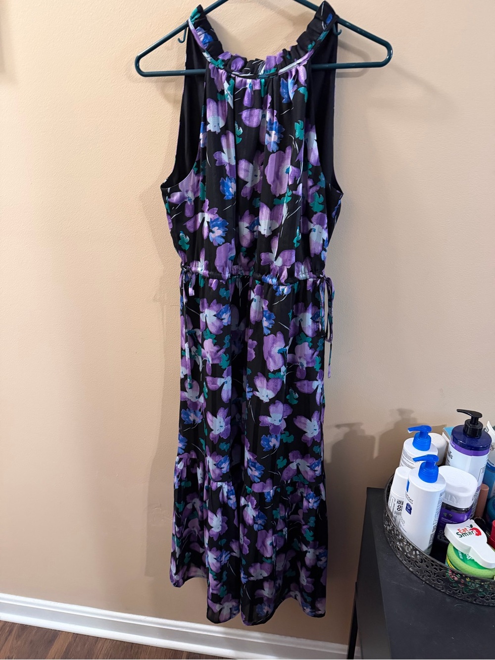 J Crew Black Floral Maxi Dress with Purple & Teal Flowers size 4
